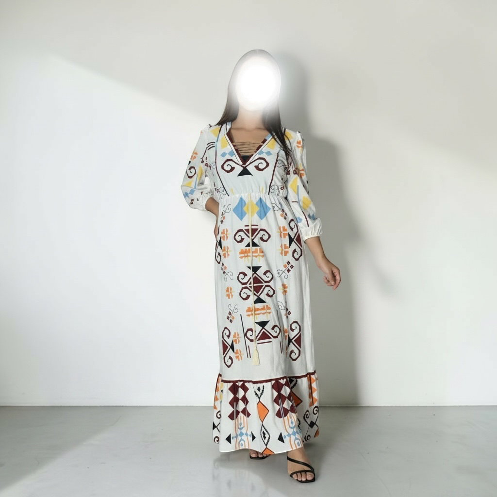Vestido Largo Estampado con Detalles Étnicos. Talla S/M