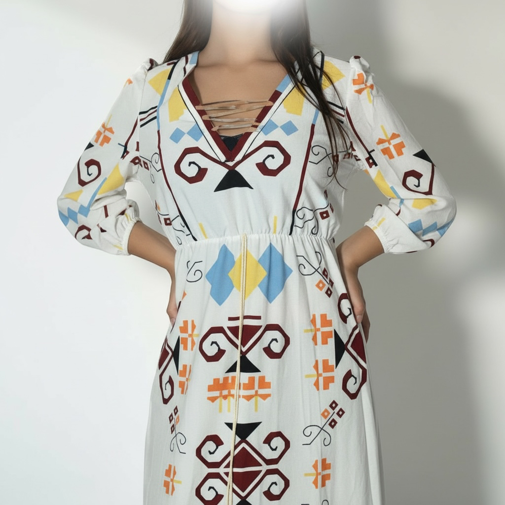 Vestido Largo Estampado con Detalles Étnicos. Talla S/M