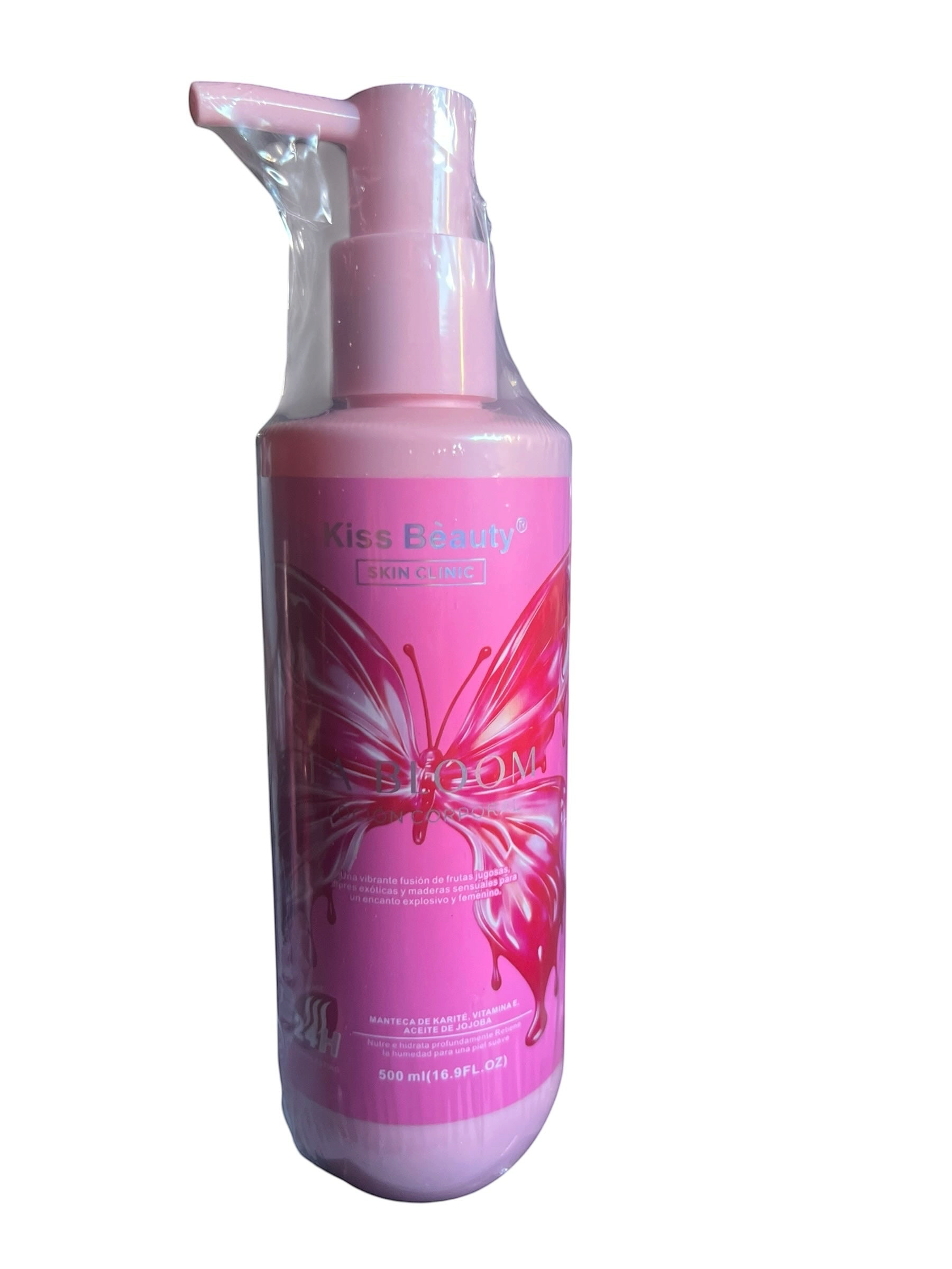 Crema corporal Selsebil Kiss Beauty La Bloom en envase rosa con dosificador, enriquecida con manteca de karité y jojoba