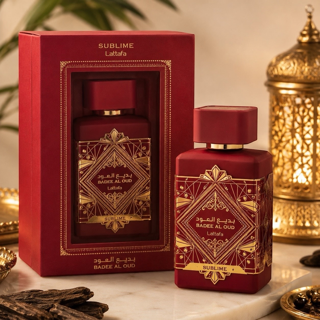Perfume Selsebil Lattafa Badee Al Oud Sublime en frasco rojo mate con detalles dorados y caja de presentación elegante