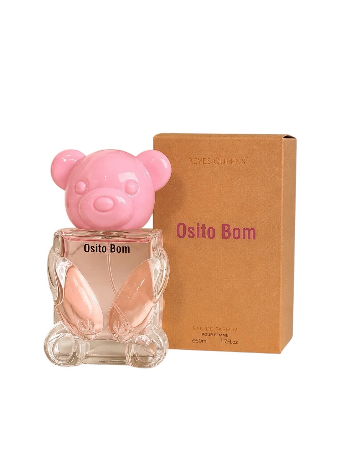 Perfume Selsebil Reyes Queens Osito Bom para mujer en frasco de vidrio con forma de oso rosa y caja de cartón