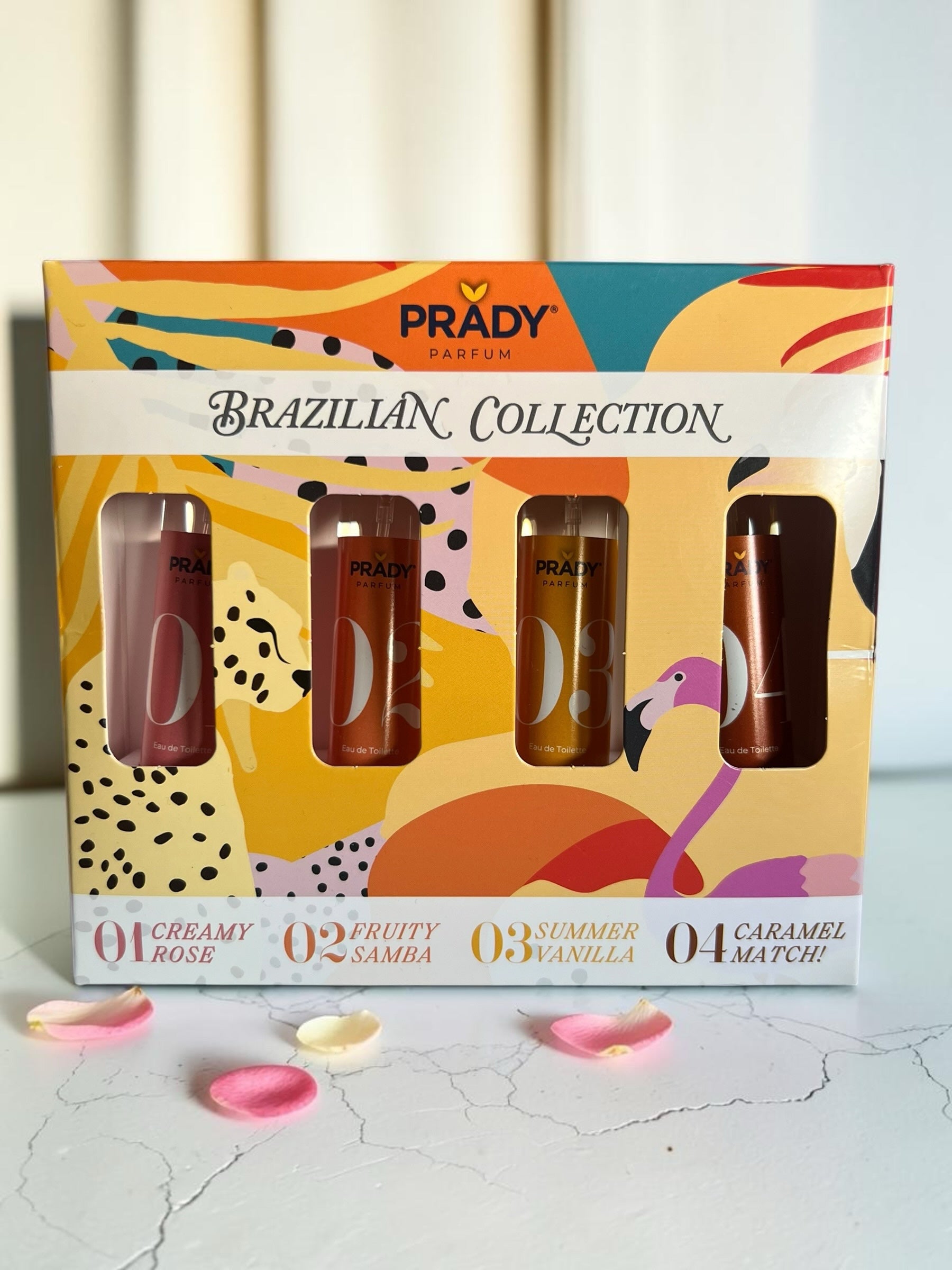 Set de perfumes Selsebil Prady Brazilian Collection con cuatro fragancias tropicales en estuche colorido con flamencos