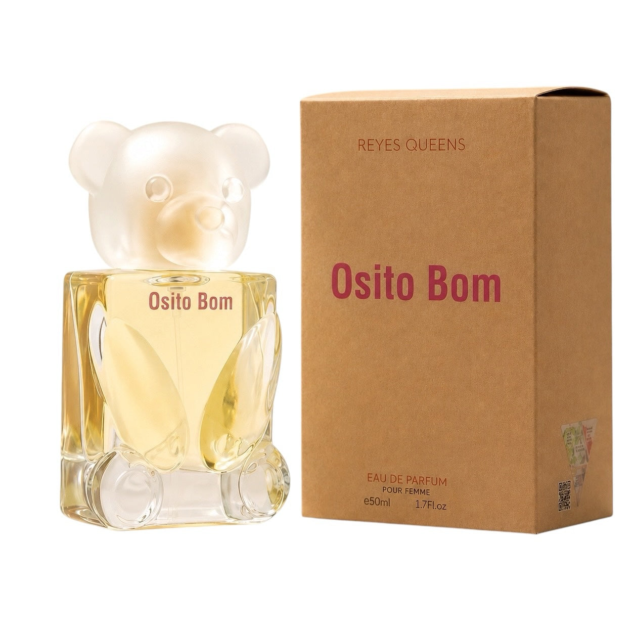 Perfume Selsebil Reyes Queens Osito Bom para mujer en frasco de vidrio con forma de oso y caja de cartón kraft