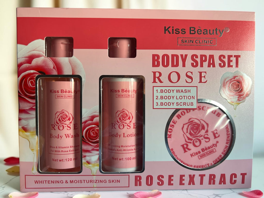 Set de spa corporal Selsebil Kiss Beauty con extracto de rosa, incluye gel de ducha, loción hidratante y exfoliante.
